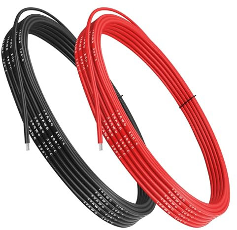 Gruiqrd Câble électronique en silicone 18 AWG 0,81 mm² - Calibre 18 - 5 m (2,5 m noir et 2,5 m rouge) - Flexible et doux - Faible impédance - 150 torons - Fil de cuivre - Haute résistance à la