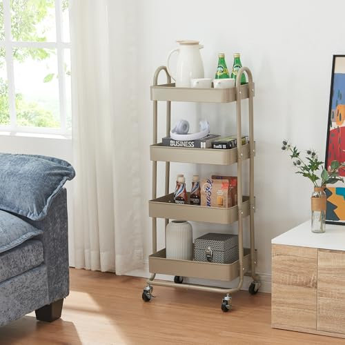 [en.casa] Servierwagen Pyhäntä Rollwagen mit 4 Ebenen Küchenwagen aus Metall Beistellwagen mit 2 Bremsen Allzweckwagen Aufbewahrungswagen für Küche Bad Büro Kamelfarben