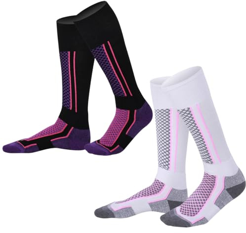 DHSUN Chaussettes de ski pour enfants garçons et filles, deux paires de chaussettes de ski pour les sports de plein air, le ski, la course à pied, Fille, une paire de chaussettes roses et violettes,