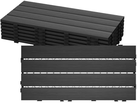 Mocosy 6-er WPC Fliesen für Balkon 30x60 cm (1 m²), Terrassen and Balkonfliesen, Balkon Bodenbelag, Interlocking Decking Fliesen Garten, Rasen Holz Kunststoff Composite Bodenfliesen (Dunkelgrau)