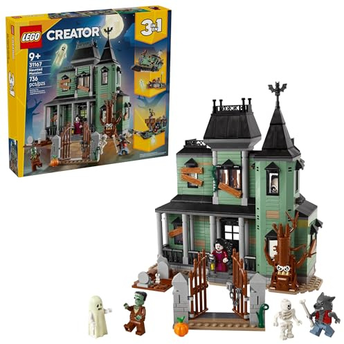 LEGO Creator 3 in 1 Haunted Mansion Building Toy for Kids - Halloween Building Blocks & Learning Toy for Girls & Boys, Ages 9+ - Build a Haunted House, Train, or Ship - Gift for Birthdays - 31167