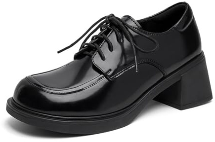 Zapatos Oxford Uniformes de Charol con Punta Cuadrada para Mujer, Mocasines de tacón Grueso, Zapatos Casuales de Negocios clásicos,Negro,38 EU