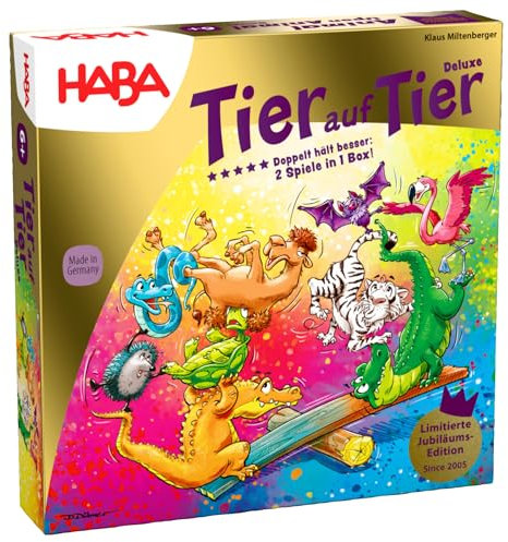 Tier auf Tier Deluxe Version – Stapel- und Würfelspiel aus Holz mit 30 bunten Tieren und Wippe, Wackelspaß für die ganze Familie, Spiel ab 4 Jahren – 2012205001