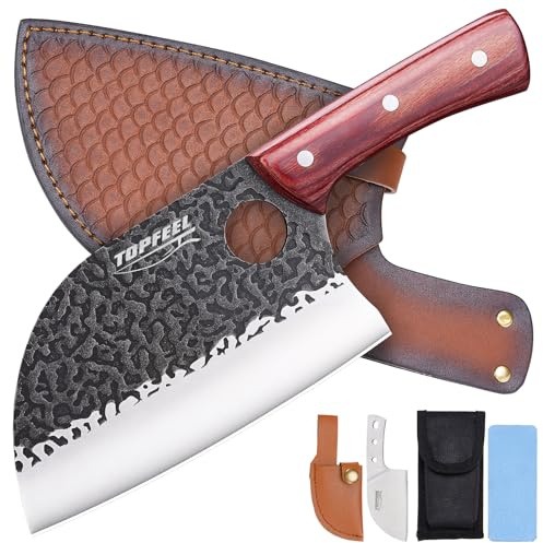 6.8Inch Serbian Chef Knife- Meat Cleaver, Butcher Knife set with Leather Sheath and Whetstone, Kitchen Knives for Home, Camping, BBQ
