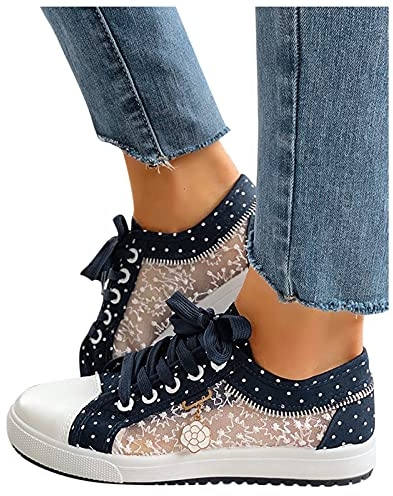 Hsternexy Chaussures plates pour femme - Dentelle Dirndl - Baskets en maille respirante - Chaussures d'été blanches - Chaussures de mariage - Chaussures de tennis - Chaussures de sport