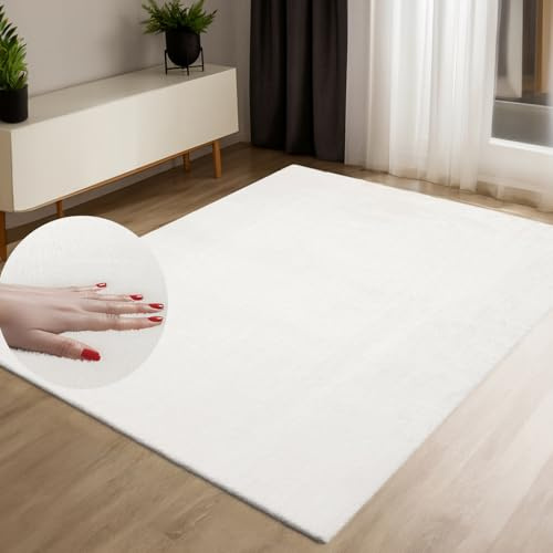 payé Teppich Kurzflor Weiß Läufer 80x140 cm waschbar weich rutschfest Wohnzimmer Schlafzimmer Felloptik pflegeleicht flachgewebe modern stilvoll einfarbig