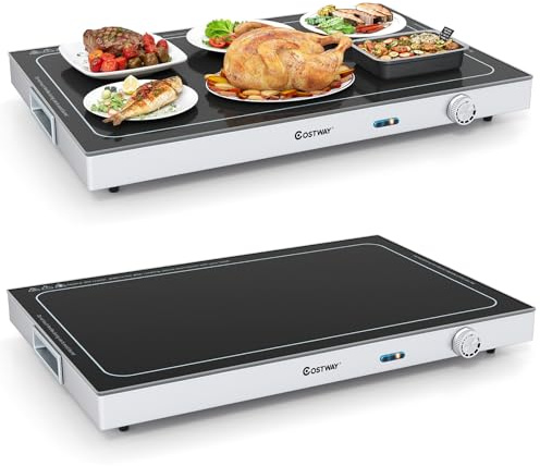 COSTWAY Bandeja Calentadora Eléctrica con Temperatura Ajustable, Calientaplatos de Vidrio Templado con Termostato para Buffets, Fiestas y Eventos