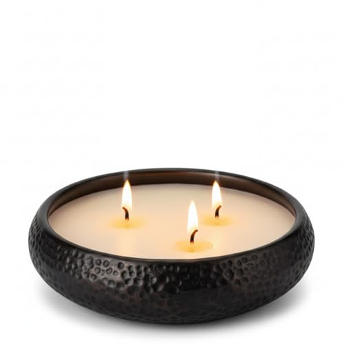 Aeolian 3 Wick Vanilla Scented Candle in Hammered Champagne Bowl (14cm) - Luxurious Soy Wax Table Centrepiece, Perfect Home Decoration Gift, Elegant Interiors by Rowen Homes (Black)