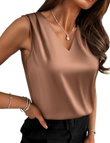 Hotouch Canotta Senza Maniche in Raso da Donna Top Elegante Top Basic con Scollo A V Canotta Estiva in Raso Marrone Chiaro M