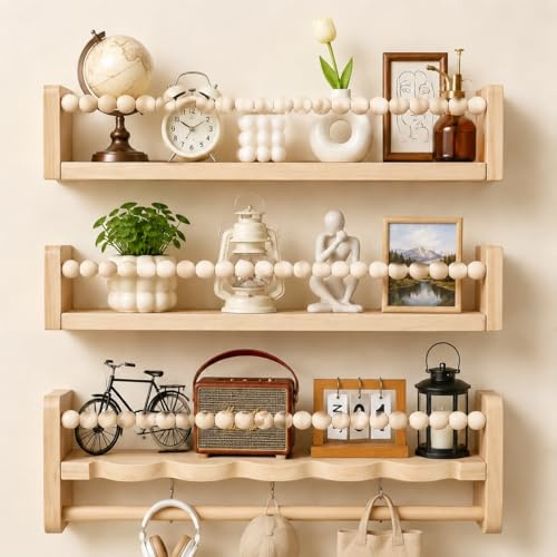 Nursery Floating Book Shelves Set of 3, 40cm Wall-Mounted Kids Bookshelf | with Hanging Rail | Baby Nursery Decor, Toy Display & Storage Shelves for Children's Room, Bedroom