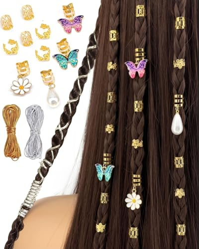 JEXOWIQ 34pcs Anelli per Capelli a Spirale in Metallo con 6m Cordini, Gioielli per Capelli Trecce e Dreadlocks, Decorazioni Clip Oro per Uomini e Donne, Fermagli Decorativi per Acconciature