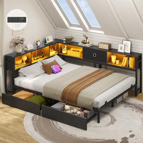 DICTAC 5ft King Size Bed 150x200 with 2 Storage Drawers, King Storage bed with LED Lights & Charging Station, Day Bed with Storage, Black LED Corner Bed – Space-Saving King Bed Frame, Modern