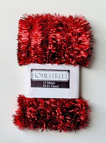 Homestreet Extra Long Tinsel 15 metre, 50 foot,Very Long Christmas Tinsel in a choice of Red, Silver or Gold Xmas Decoration (RED)