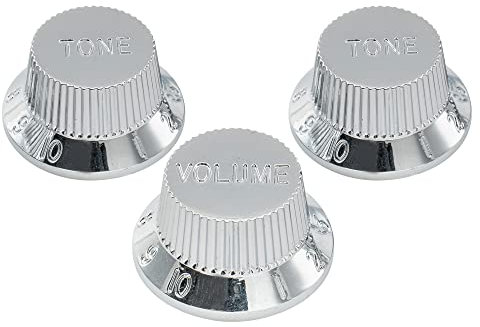 Musiclily Pro Metrische Größe 18 Splines 1 Volume 2 Tone Potiknopfe Strat Knobs Set für Stratocaster Squier ST Style E-Gitarre, Chrom