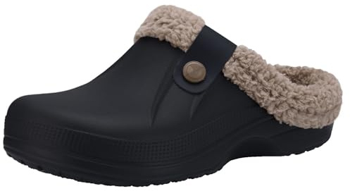 Beslip Classic Fur Lined Clog Waterproof Winter House Slippers for Women, Black + Khaki Women Size 5.5-6.5