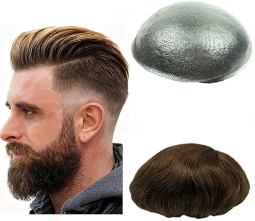 N.L.W. Parrucca Uomo PU Toupet Pezzi di Capelli Umani Europei per Gli Uomini Sostituzione dei Capelli Sistema 8×10 Pollici Parrucche 0.06 Centimetri di Spessore Uomini Parrucca in Marrone chiaro
