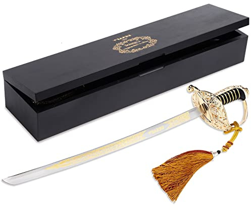 Azauvc Champagne Saber with Golden Handle & Wooden Gift Box,Sword Champagne Opener,Sparkling Wine Knife,Champagne Knife Unique Openning Wine with Sabre (Silver +Golden)