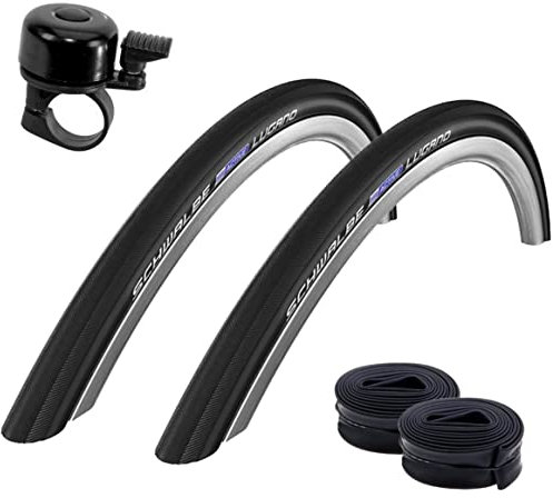 2 x Schwalbe Lugano 28 Rennradreifen K-Guard Fahrrad Mantel Decke in schwarz 700 x 33C (32-622) + 2 Schwalbe SV17 Lang (60 mm) Schläuche inkl. Fahrradklingel