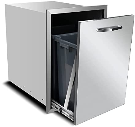 KODOM Built-in Double Trash Drawer 20 W x 27 H x 24 D Pull-Out Tray Outdoor Kitchen Stainless Steel Trash Drawer with Handle Storage Two Bins for BBQ Island Grill Station