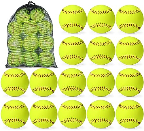 Lewtemi 18 Pack 9/11/12 Yellow Sports Softballs Official Size & Weight Practice Slowpitch Softball with 1 Mesh Bag Unmarked Leather Covered Youth Fastpitch Ball for Game Practice Training(Red,12)