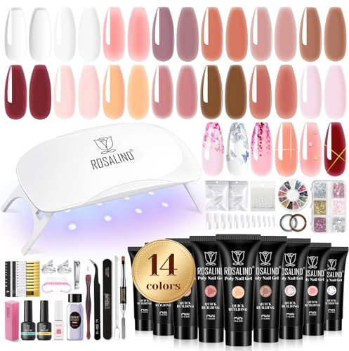 ROSALIND Kit Completo de Uñas Poligel, Set Mini UV/LED Lámpara Con 14 Colores Gel de Extensión, Base y Top Coat Para Principiantes