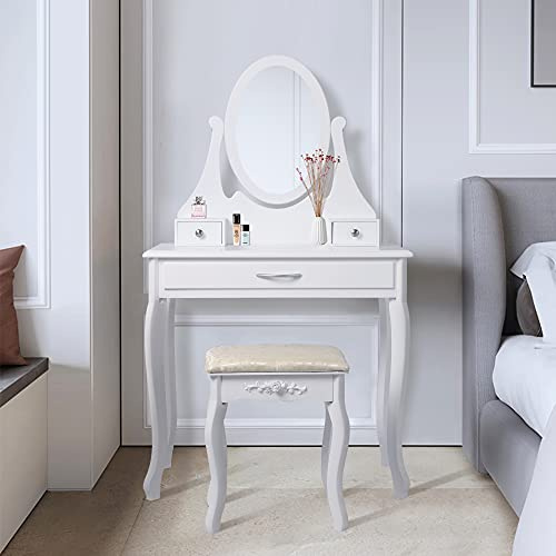ML-Design Klädbord Vit, Klädbyrå med spegel, pall och 3 lådor, 75 x 140 x 40 cm, Lantlig stil, Kosmetikbord för damer och flickor, Klädbord av MDF-trä, Sminkbord med kommod