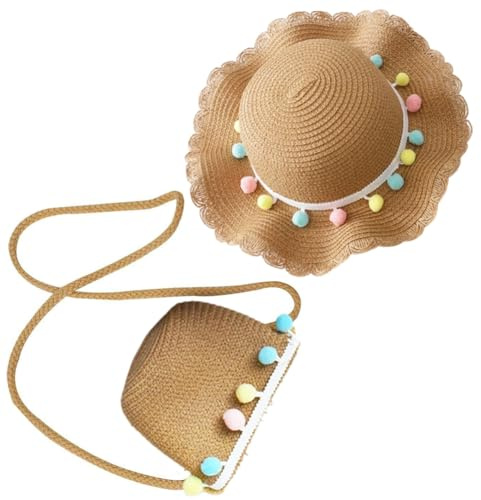 REYOK Cappello da Spiaggia Estivo e Mini di Borse Set,Cappello da Sole per Bambina,Cappello da Sole per Esterni per Ragazze per I Bambini Turismo Vacanze Spiaggia attività All'Aperto(Cachi)