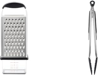 OXO Good Grips Box Grater,Silver/Black & 1101980 Good Grips Locking Tongs with Silicone Heads, Black, 12 inch