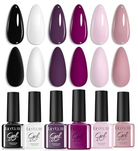 LILY'CUTE Smalto Gel UV Semi Permanente - Set 6 Colori Bianco, Nero, Viola Scuro, Nudo, Viola Chiaro - Per Unghie Soak Off UV LED Manicure Nail Art 7ML