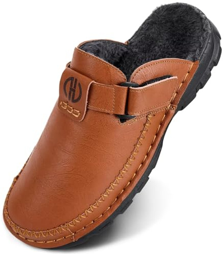 GURGER Zapatillas de Casa Hombre Cuero Invierno Cálido Zuecos y Mules Forro de Peluche Piel Pantuflas Marrón Rojizo 46 47