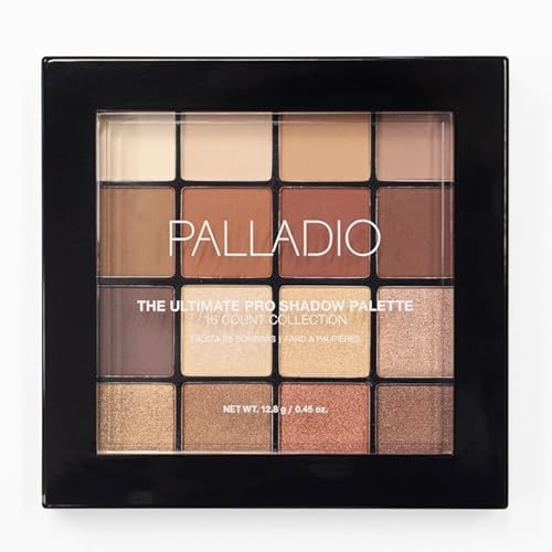 Palladio Ultimate Pro Eyeshadow Makeup Palette, 16 High-Pigmented Powder Colors, Matte, Shimmer, Satin Finishes, Natural Nudes