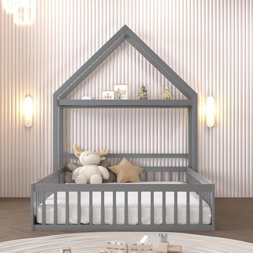 NNJN Cuna, estructura de cuna de madera maciza con espacio de almacenamiento, rejilla de protección completa y puertas y somier, 140 x 200 cm (gris)