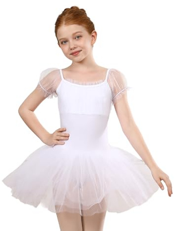 ZYXWVU Tutu de Danse Classique pour Filles en Manches Ballon Tulle - Robe de Ballet Justaucorps, 7038-blanc, 8-9 Ans