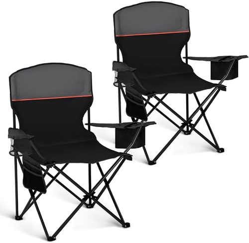 HIGH POINT SPORTS Lot de 2 Chaise de Camping Pliante avec Sac Isotherme, Sac de Rangement, Chaise de Pêche Pliable jusqu'à 120 kg, Chaise de Camping d'Extérieur avec Porte-gobelets, Noir