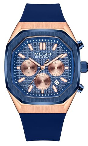 Men's Fashion Sports Outdoor Multifunction Chronograph Octagonal Quartz Watch Silicone Strap Military Luminous Waterproof Calendar Wristwatch (Blue)
