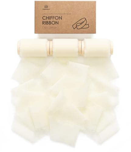 Vitalizart Nastro di Chiffon Bianco Crema 5 cm x 13,7 m, Nastro Regalo Largo Fatto a Mano con Bordi Sfrangiati per Inviti a Nozze, Bouquet da Sposa, Confezioni Regalo, Decorazioni Festive