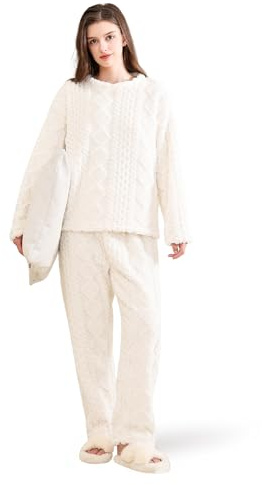 Conjunto de Pijama de Forro Polar Esponjoso para Mujer – Suéter y Pantalones Holgados de Felpa, Pijama Cómodo de 2 Piezas para el Invierno (LY218-White, S-M)