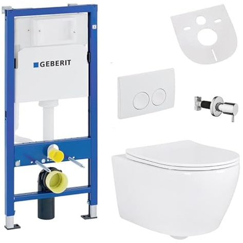 Belvit Ensemble complet de WC suspendu avec fonction bidet - Toilette murale blanche avec Taharet et Geberit UP100, abattant avec abaissement automatique, nano-glaçure, plaque de commande et vanne d