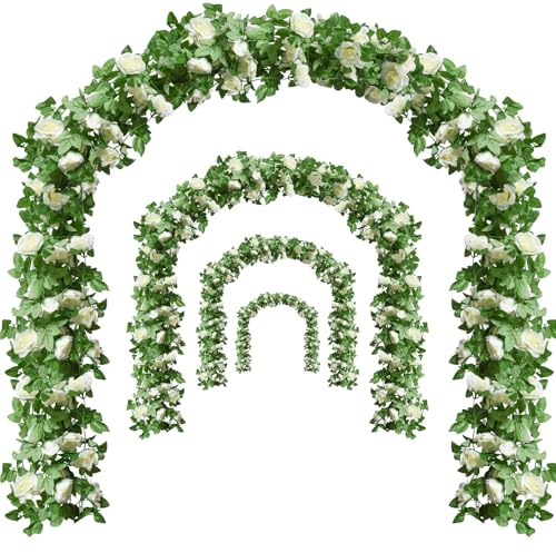 Bacucine Blomma girlang ros vinstockar 4 st 60 m falsk siden ros hängande vinstock med gröna blad för bröllopsfest trädgård väggbåge heminredning (vit)