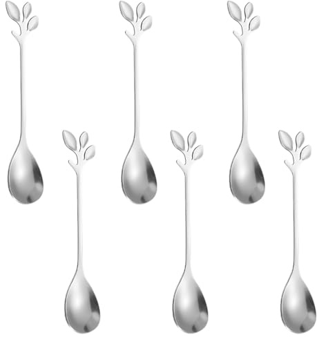 Set med 6 kaffeskedar, 12 cm - liten bladformad espressosked - liten dessertsked - polerat rostfritt stål, diskmaskinssäker