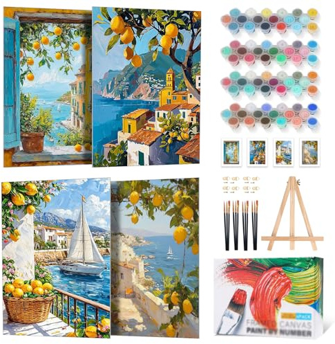 4 Pack Lemon Tree Paint by Numbers for Adults with Frame Beginner 20x30 CM | With Wooden Easel, Seascape DIY Acrylic Painting by Numbers for Adults, Stress Relief Craft Kits, Home Wall Decor Gift