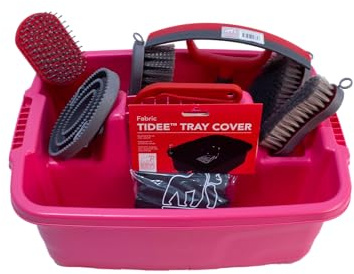 Red Gorilla Horse Grooming Kit 9 Piece Equestrian Care Gift Set 4 Brushes Sweat Scraper Curry Comb Hoof Pick Red Tray and Waterproof Cover (Pink)