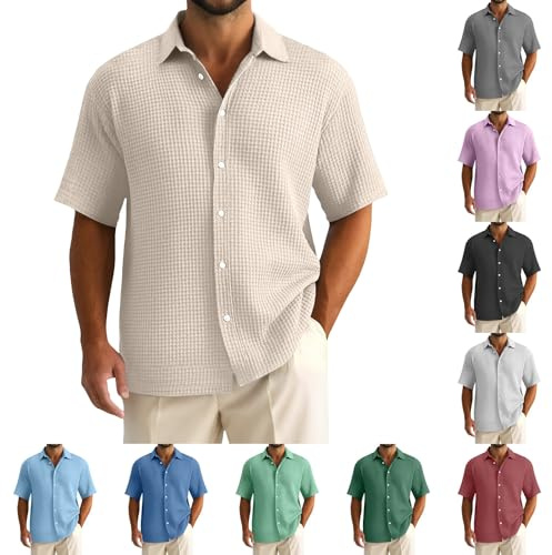 Générique Chemise Lin Homme ÉTé Manche Courte en Coton Gaufre, Chemisette Homme Coupe DéContractéE Ample, Unie, Anti-Rides, LéGèRe Et ÉLastique, Shirt IdéAle pour Le Quotidien Vacances, Le Travail