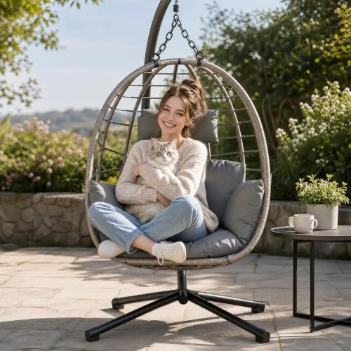Aptliton Hanging Egg Chair with Stand, Heavy-Duty Steel Frame, Load 150kg | Weatherproof Cushions, Protective Cover, Collapsible Rattan Hammock, Swing Chair, For Patio, Outdoor, Garden, Gray