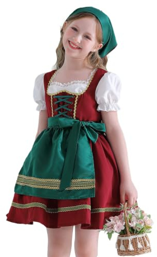 Costume de soubrette bavaroise pour fille - Costume traditionnel bavarois à manches bouffantes avec tablier et foulard pour Halloween, carnaval, festival de la bière, fête à thème, ferme - 5 à 14 ans