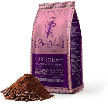BOCCA DELLA VERITA® Caffe Macinato Decaffeinato Sacco da 250g Aroma ARTEMISA Caffe Arabica e Robusta 100% Made in Italy Caffè Espresso Tostato Naturalmente e Artigianalmente, Rainforest e UTZ