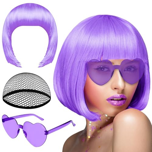 PLULON Purple Bob Wig and Sunglass Set, Neon Short Bob Wig Sunglass Pack Costume Colorful Cosplay Wig Hairpieces for Bachelorette Neon Party Favors, Halloween Decorations