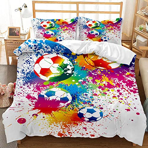 PQCXXA Fußball Bettwäsche für Kinder, 3 Teilig Jungen Teenager Sport Bettbezug-Set,3D Fußball Bedruckte Microfaser Bettbezüge mit Reißverschluss und 2 Kissenbezug 50x75cm (A3, 135x200cm)