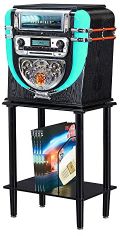 Arkrocket Boston Tabletop Jukebox Record Player Entertainment System with Stand Bluetooth CD Player FM Radio SD USB