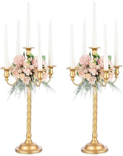 Romadedi Candelabra Gold Candle Stand: 28 Tall 5-Branch Candlestick Holder for Wedding Centerpiece Decor Christmas Holiday Event Reception Decoration,2Pcs